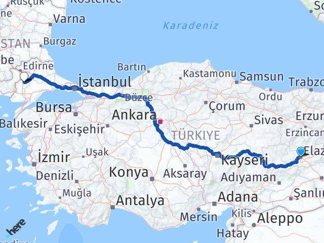 Elazığ Uzunköprü Edirne Arası Kaç Km - Yol Haritası