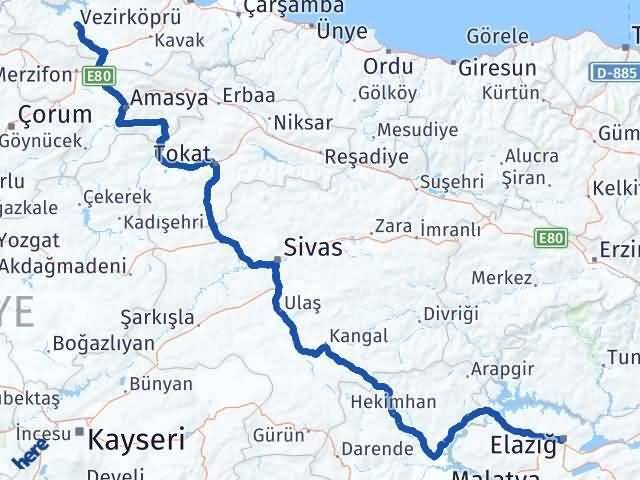 Elazığ Vezirköprü Samsun Arası Kaç Km - Yol Haritası