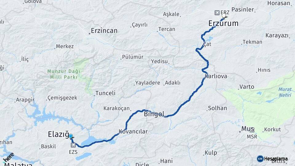 Elazığ Yakutiye Erzurum Arası Kaç Km - Yol Haritası