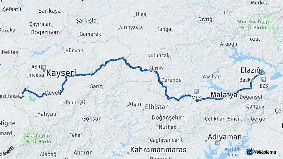 Elazığ Yeşilhisar Kayseri Arası Kaç Km - Yol Haritası