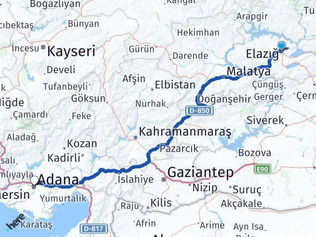Elazığ Yüreğir Adana Arası Kaç Km - Yol Haritası