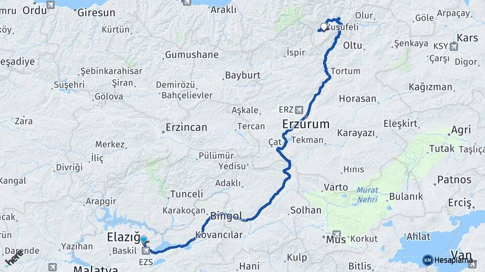 Elazığ Yusufeli Artvin Arası Kaç Km - Yol Haritası