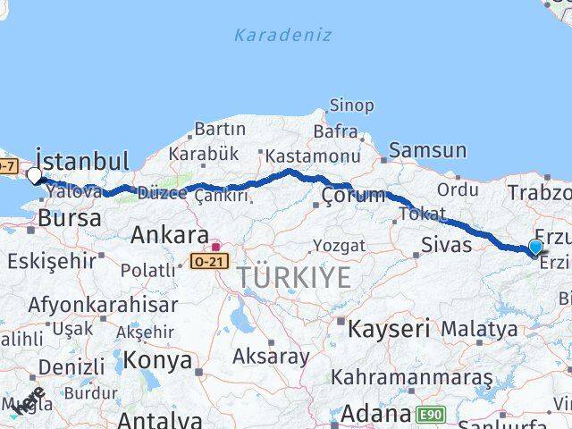 Erzincan Adalar İstanbul Arası Kaç Km - Yol Haritası