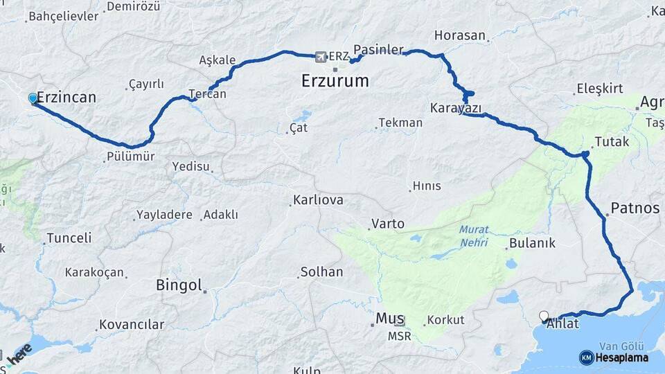 Erzincan Ahlat Bitlis Arası Kaç Km - Yol Haritası