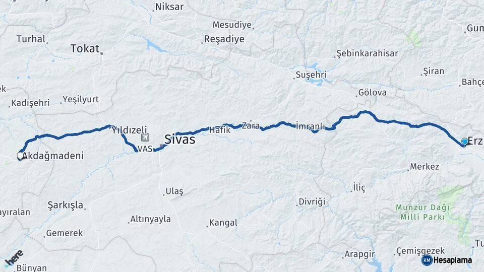Erzincan Akdağmadeni Yozgat Arası Kaç Km - Yol Haritası