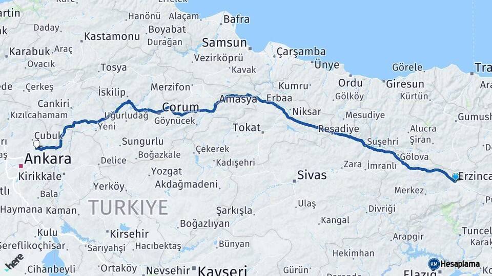 Erzincan Akyurt Ankara Arası Kaç Km - Yol Haritası