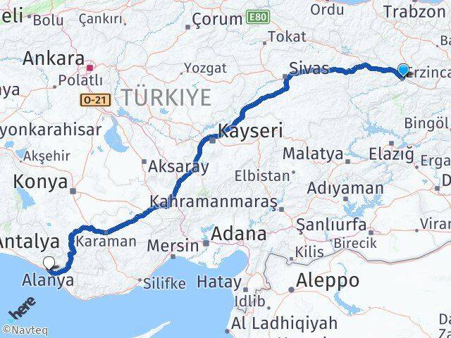 Erzincan Alanya Antalya Arası Kaç Km - Yol Haritası