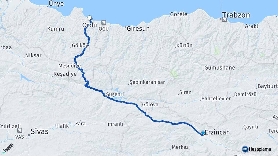 Erzincan Altınordu Arası Kaç Km - Yol Haritası