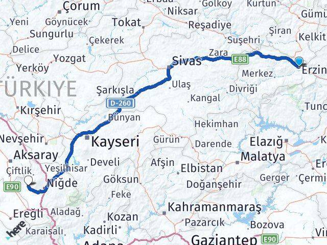 Erzincan Altunhisar Niğde Arası Kaç Km - Yol Haritası