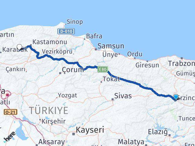 Erzincan Araç Kastamonu Arası Kaç Km - Yol Haritası