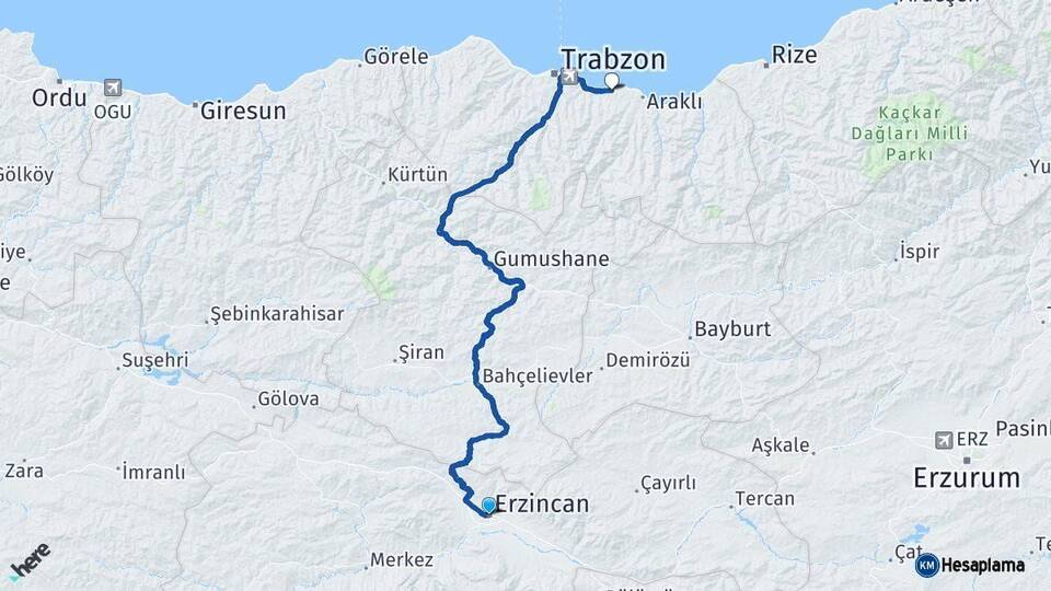 Erzincan Arsin Trabzon Arası Kaç Km - Yol Haritası