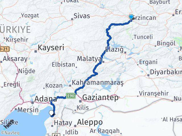 Erzincan Arsuz Hatay Arası Kaç Km - Yol Haritası