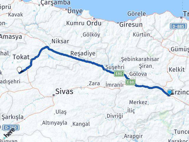 Erzincan Artova Tokat Arası Kaç Km - Yol Haritası