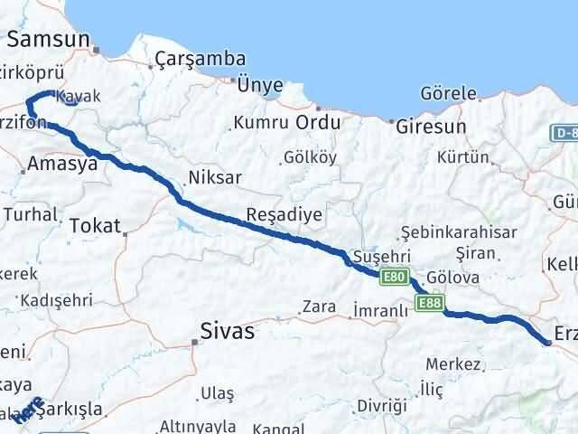 Erzincan Asarcık Samsun Arası Kaç Km - Yol Haritası