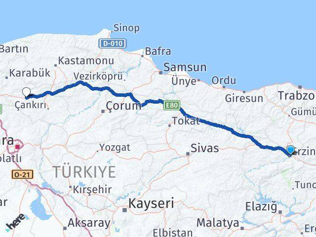 Erzincan Atkaracalar Çankırı Arası Kaç Km - Yol Haritası
