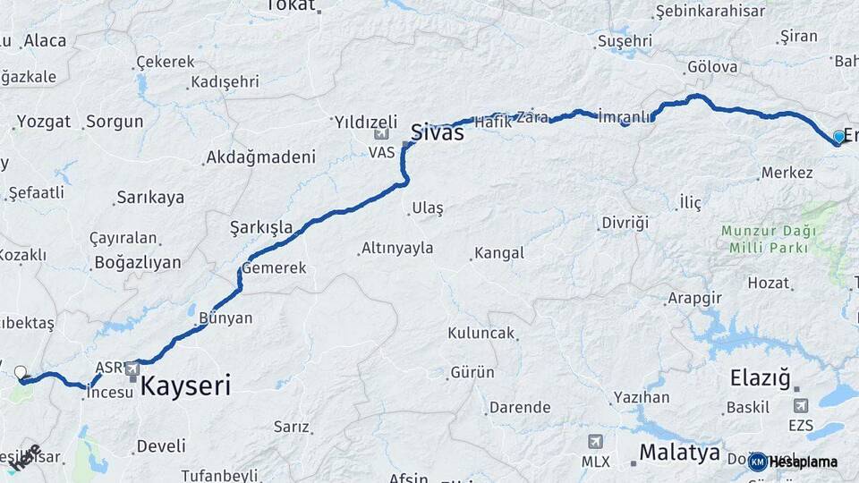 Erzincan Avanos Nevşehir Arası Kaç Km - Yol Haritası