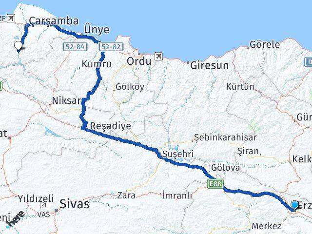 Erzincan Ayvacık Samsun Arası Kaç Km - Yol Haritası