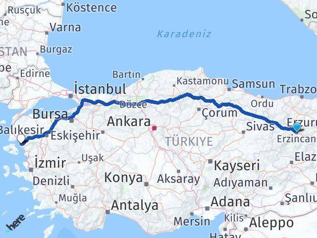 Erzincan Ayvalık Balıkesir Arası Kaç Km - Yol Haritası