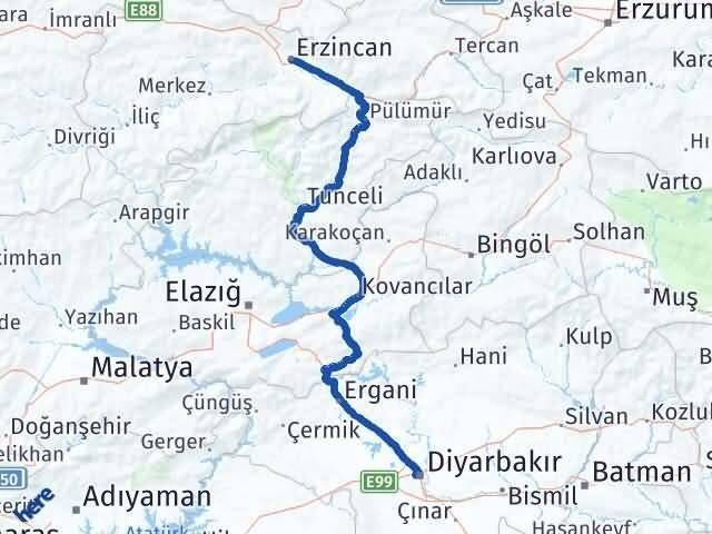Erzincan Bağlar Diyarbakır Arası Kaç Km - Yol Haritası