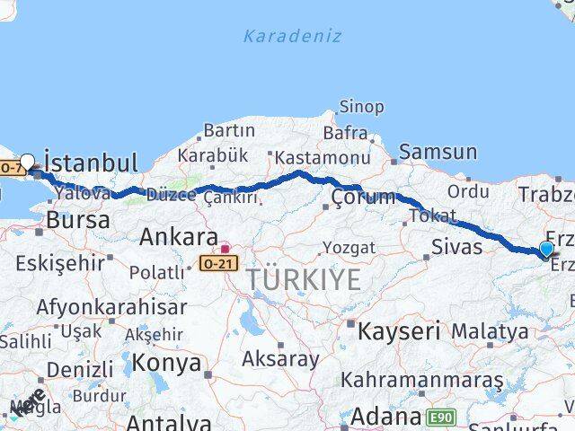 Erzincan Başakşehir İstanbul Arası Kaç Km - Yol Haritası