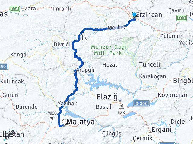 Erzincan Battalgazi Malatya Arası Kaç Km - Yol Haritası