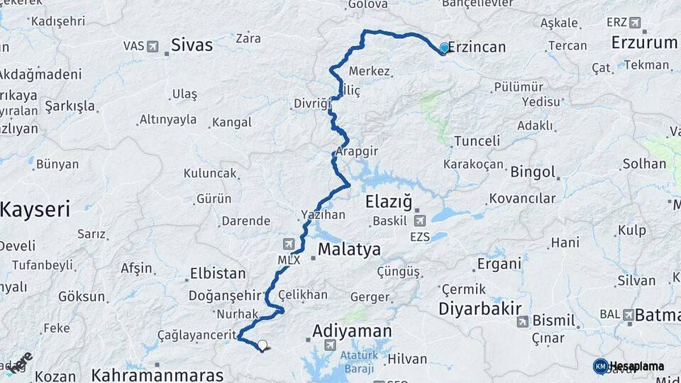 Erzincan Besni Adıyaman Arası Kaç Km - Yol Haritası