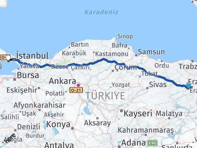 Erzincan Beylikdüzü İstanbul Arası Kaç Km - Yol Haritası