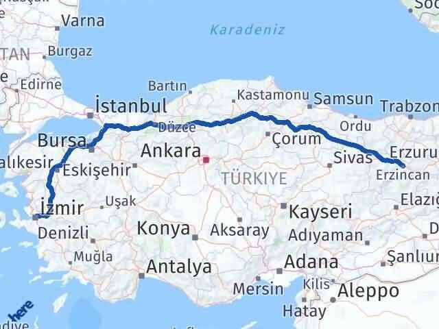 Erzincan Bornova İzmir Arası Kaç Km - Yol Haritası