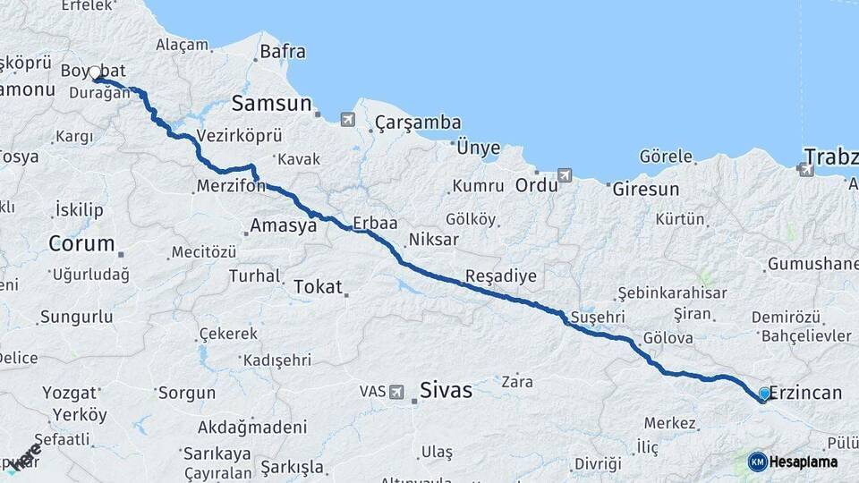 Erzincan Boyabat Sinop Arası Kaç Km - Yol Haritası