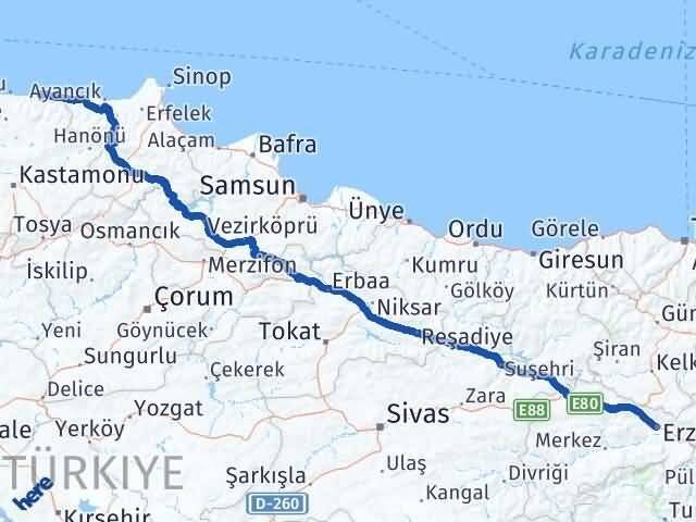 Erzincan Bozkurt Kastamonu Arası Kaç Km - Yol Haritası