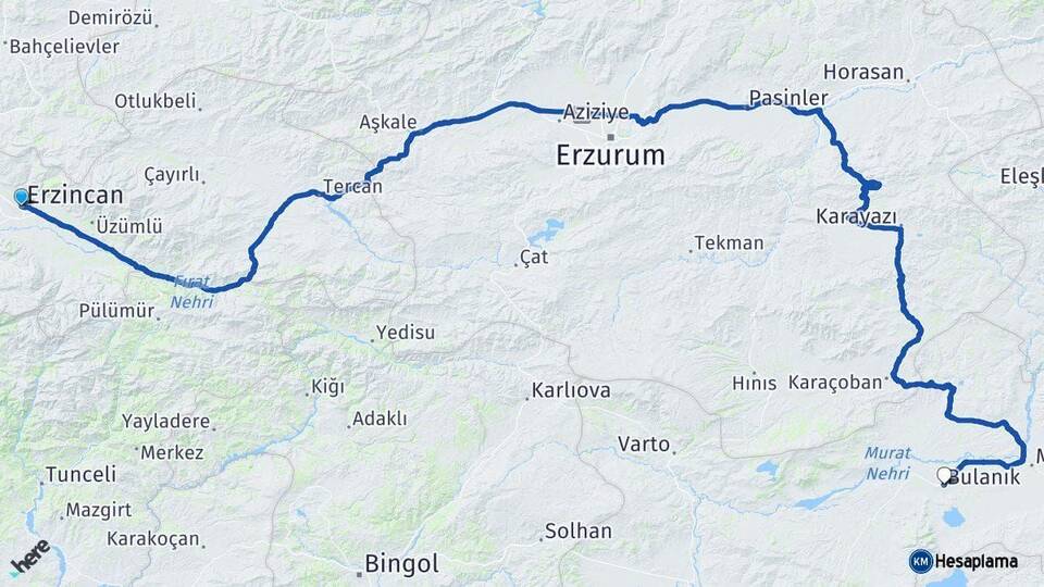 Erzincan Bulanık Muş Arası Kaç Km - Yol Haritası