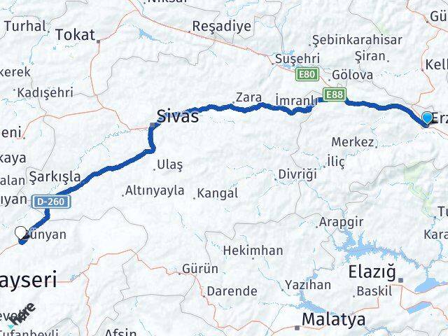 Erzincan Bünyan Kayseri Arası Kaç Km - Yol Haritası