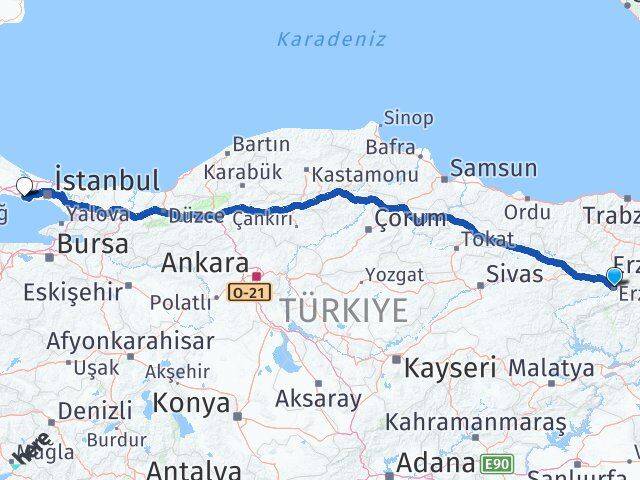 Erzincan Büyükçekmece İstanbul Arası Kaç Km - Yol Haritası