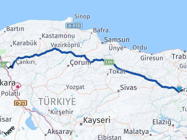Erzincan Çamlıdere Ankara Arası Kaç Km - Yol Haritası