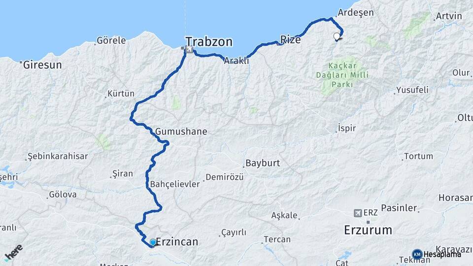 Erzincan Çamlıhemşin Rize Arası Kaç Km - Yol Haritası