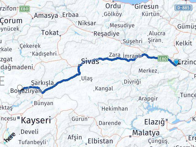 Erzincan Çandır Yozgat Arası Kaç Km - Yol Haritası