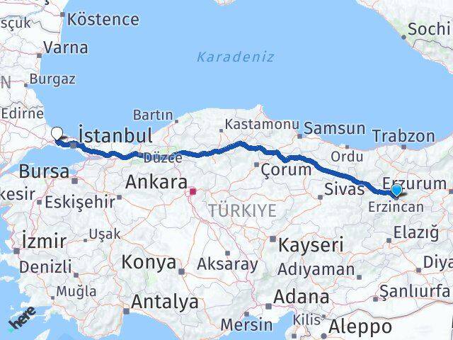 Erzincan Çatalca İstanbul Arası Kaç Km - Yol Haritası