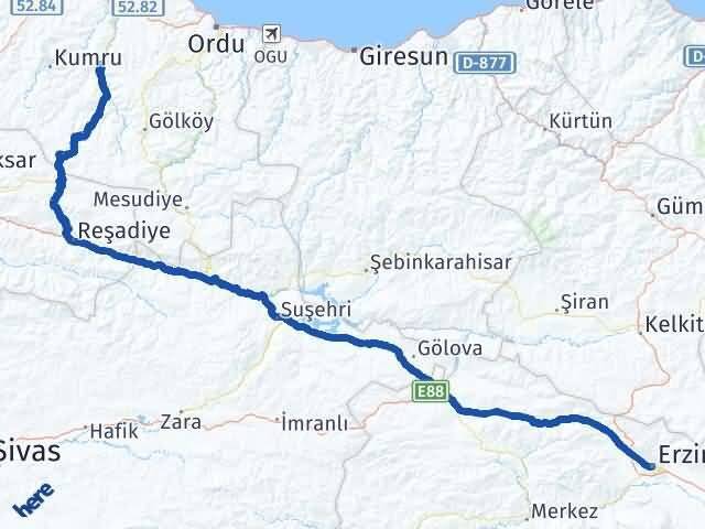 Erzincan Çatalpınar Ordu Arası Kaç Km - Yol Haritası