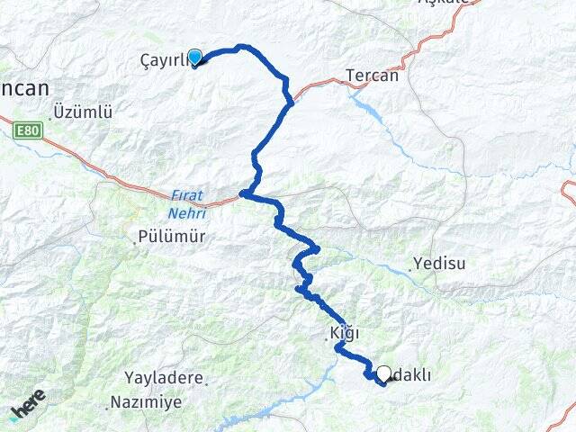 Erzincan Çayırlı Adaklı Bingöl Arası Kaç Km - Yol Haritası