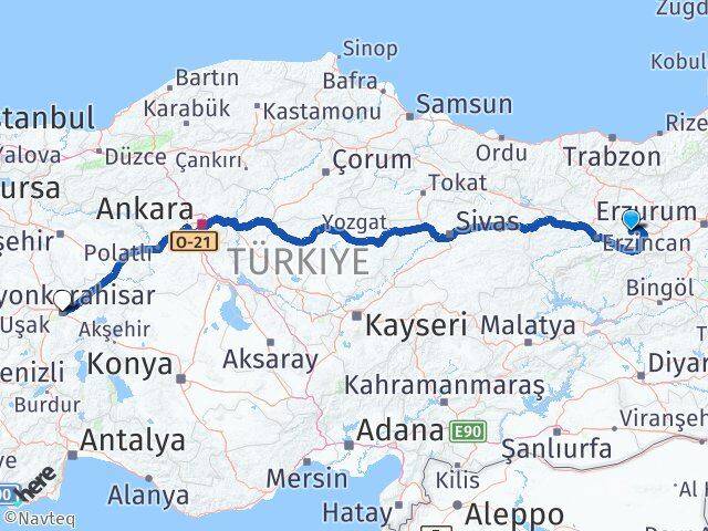 Erzincan Çayırlı Afyonkarahisar Arası Kaç Km - Yol Haritası