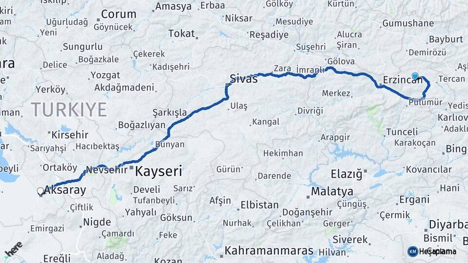 Erzincan Çayırlı Aksaray Arası Kaç Km - Yol Haritası