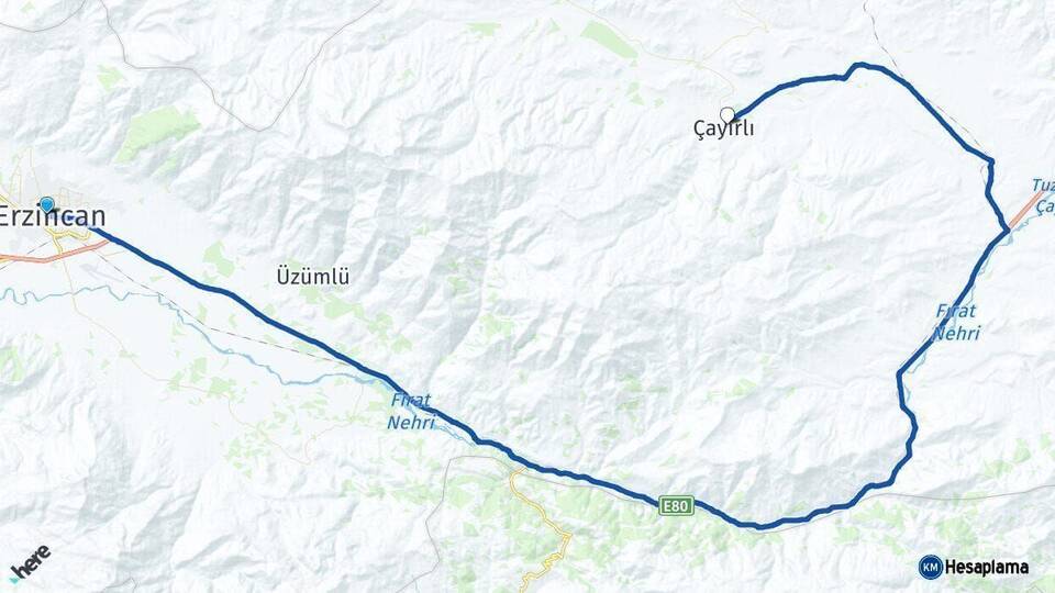 Erzincan Çayırlı Arası Kaç Km - Yol Haritası