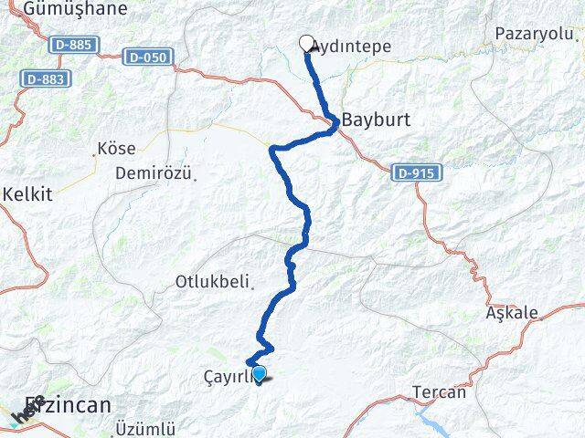 Erzincan Çayırlı Aydıntepe Bayburt Arası Kaç Km - Yol Haritası