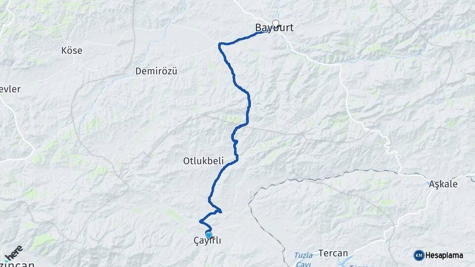 Erzincan Çayırlı Bayburt Arası Kaç Km - Yol Haritası