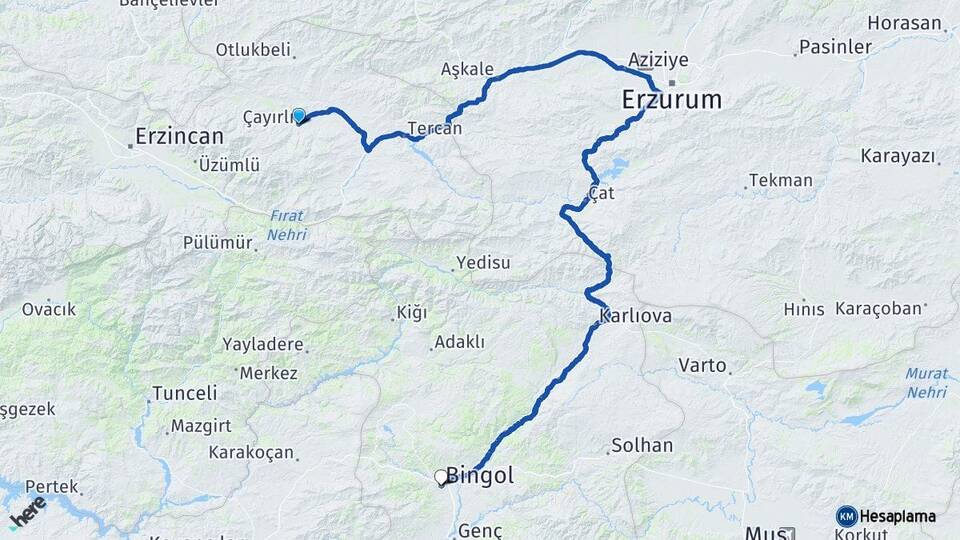 Erzincan Çayırlı Bingöl Arası Kaç Km - Yol Haritası