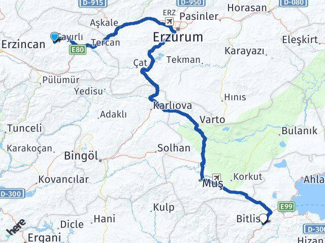 Erzincan Çayırlı Bitlis Arası Kaç Km - Yol Haritası