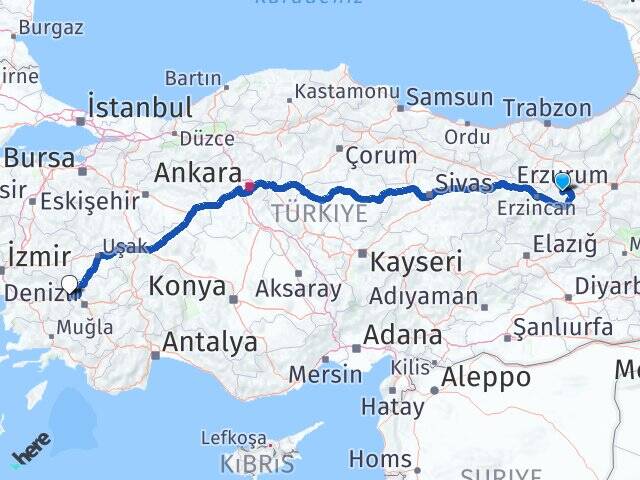Erzincan Çayırlı Buharkent Aydın Arası Kaç Km - Yol Haritası