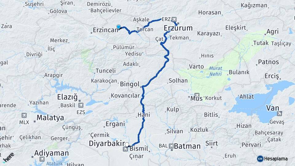 Erzincan Çayırlı Diyarbakır Arası Kaç Km - Yol Haritası