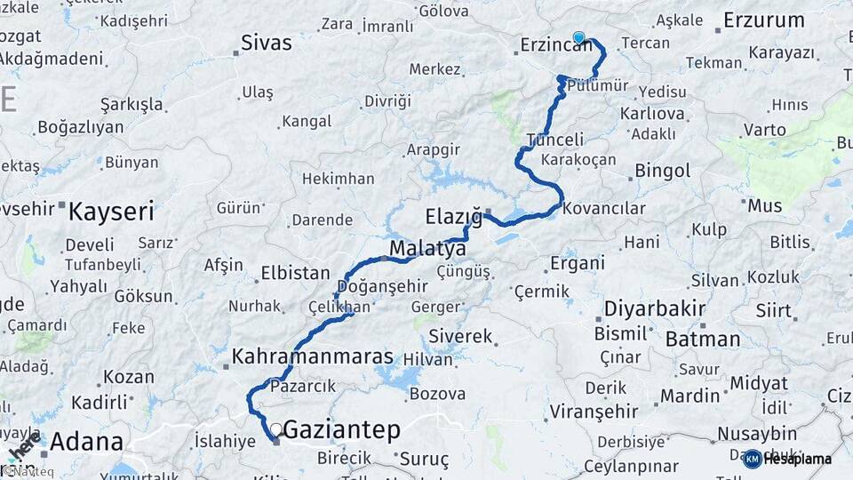 Erzincan Çayırlı Gaziantep Arası Kaç Km - Yol Haritası