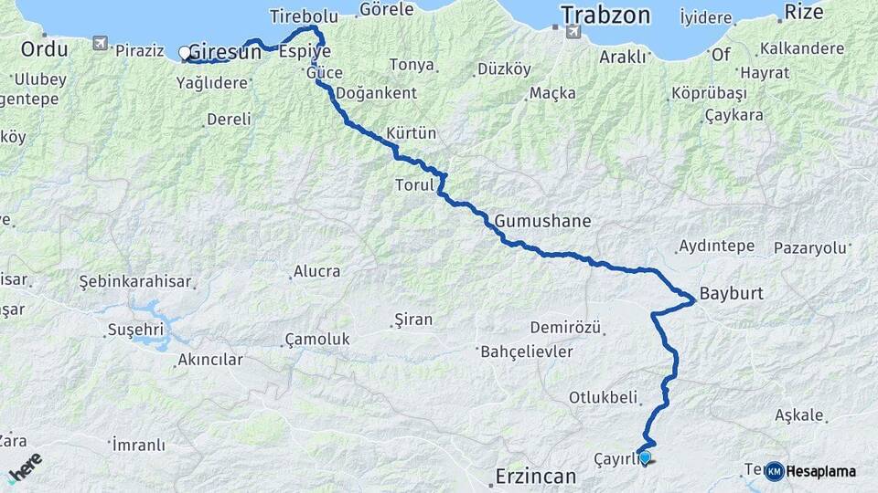 Erzincan Çayırlı Giresun Arası Kaç Km - Yol Haritası